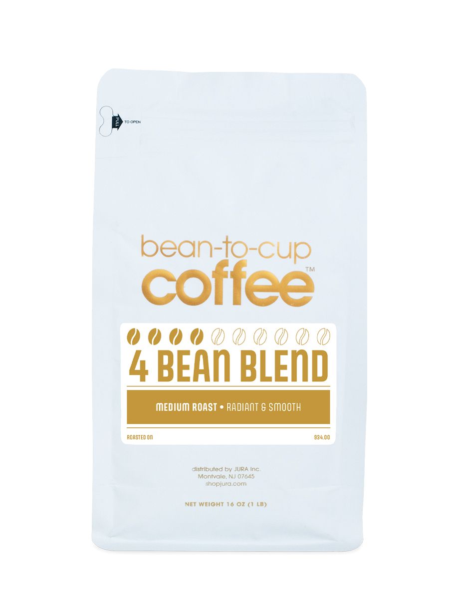 Front view of Bean-to-Cup 16 oz 4 Bean Blend coffee bag on white background