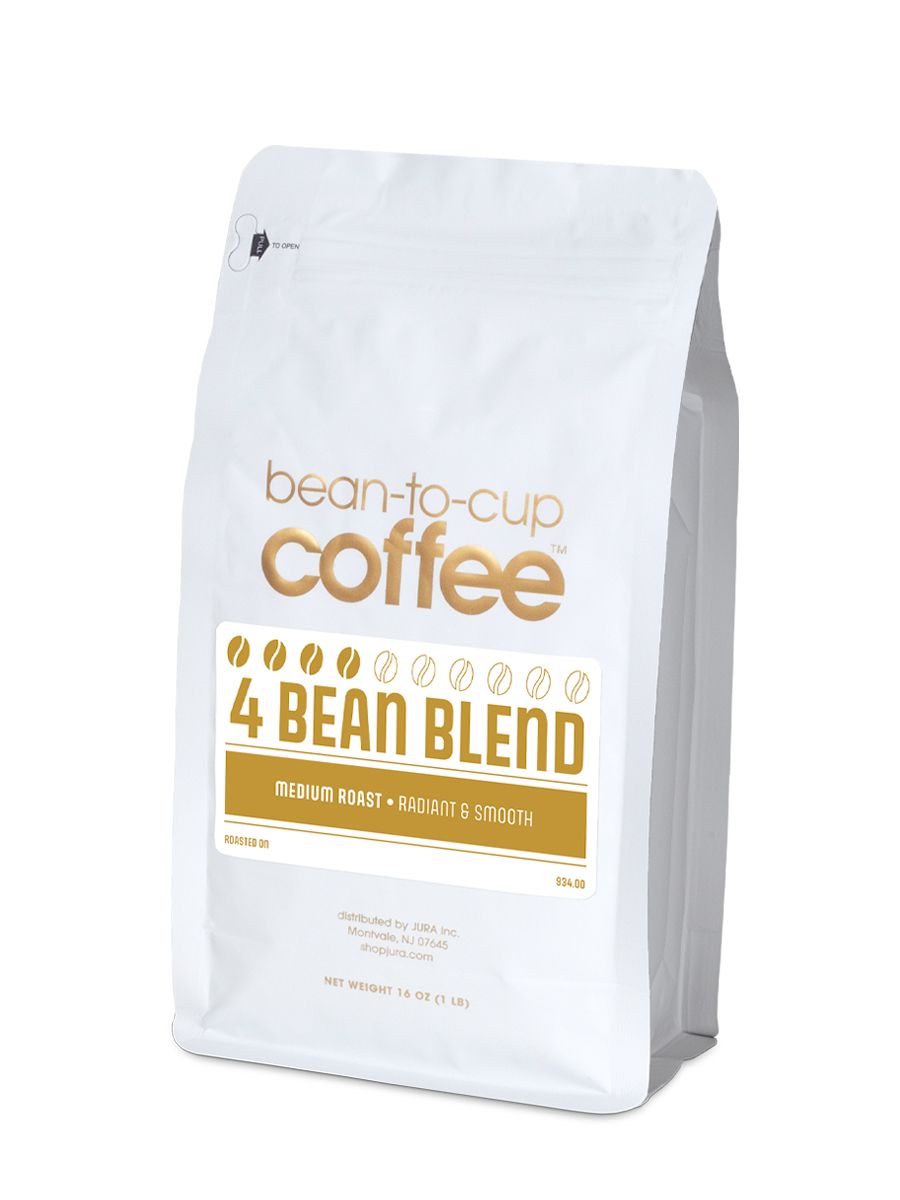Side view of Bean-to-Cup 16 oz 4 Bean Blend coffee bag on white background
