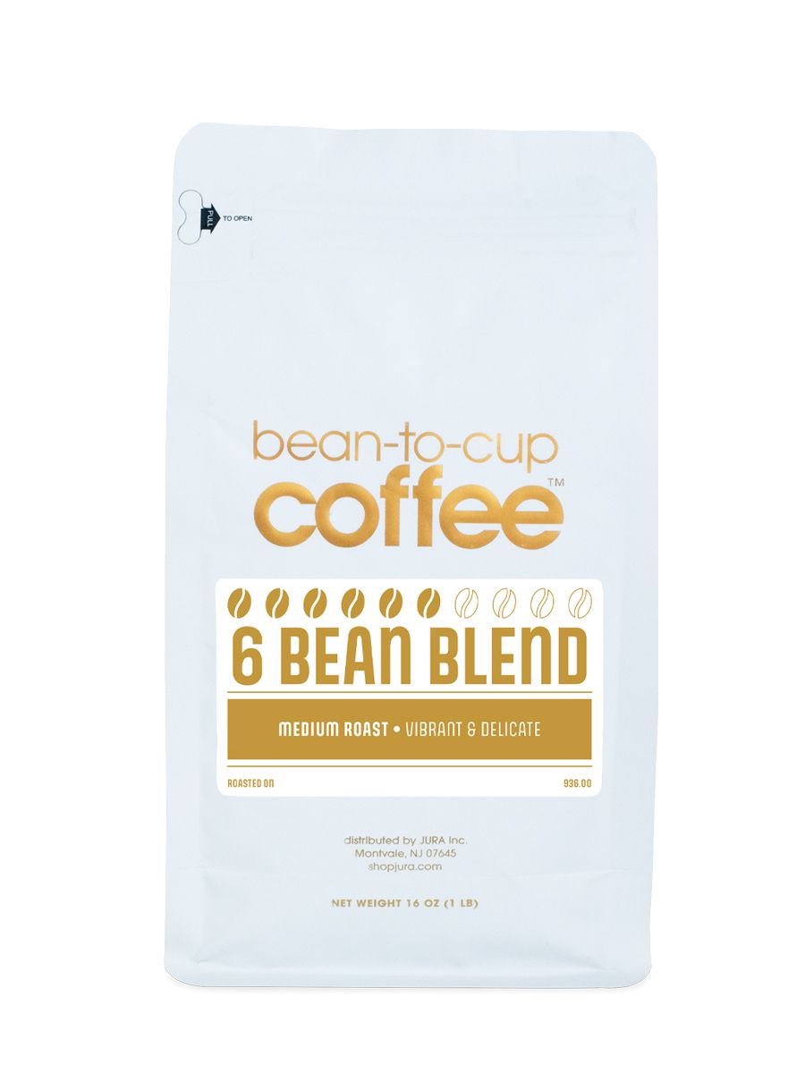 Front view of Bean-to-Cup 16 oz 6 Bean Blend coffee bag on white background
