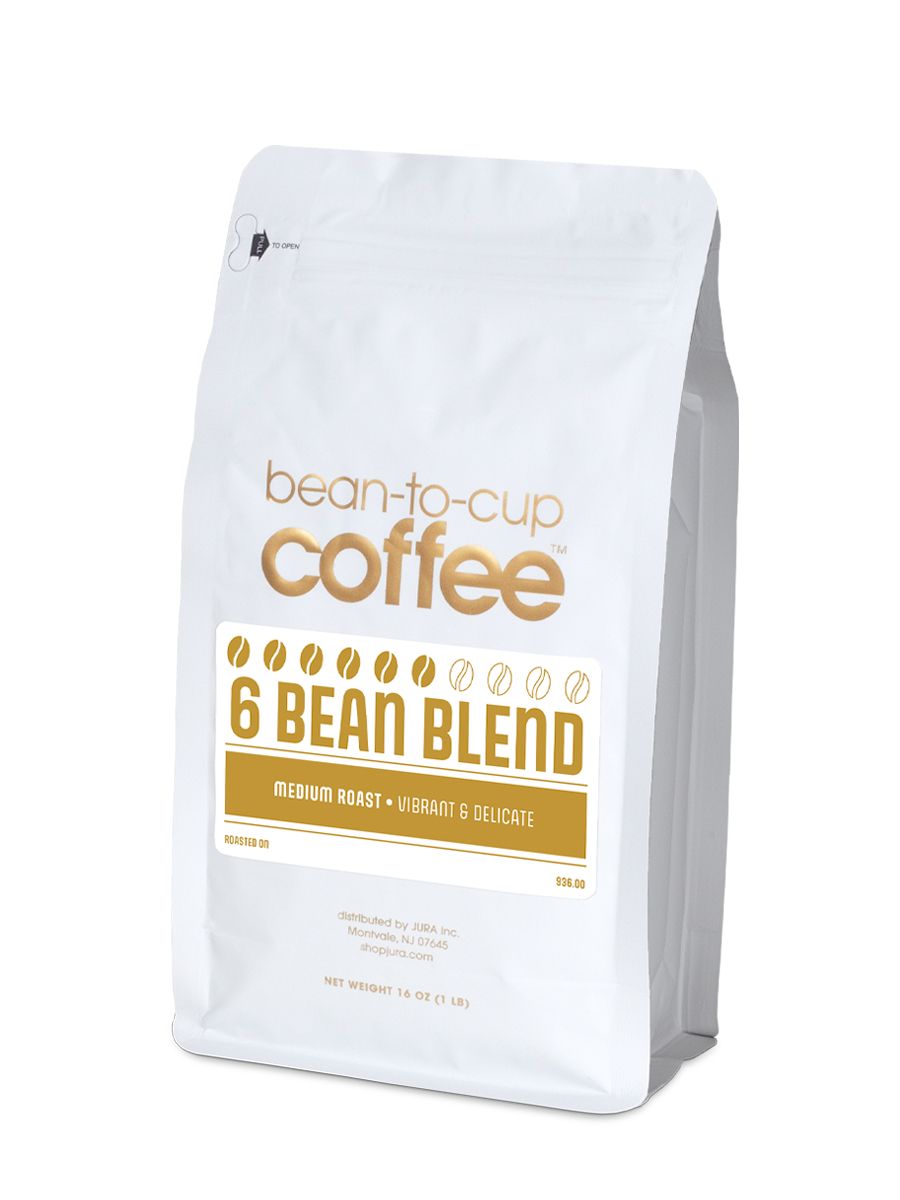 Side view of Bean-to-Cup 16 oz 6 Bean Blend coffee bag on white background