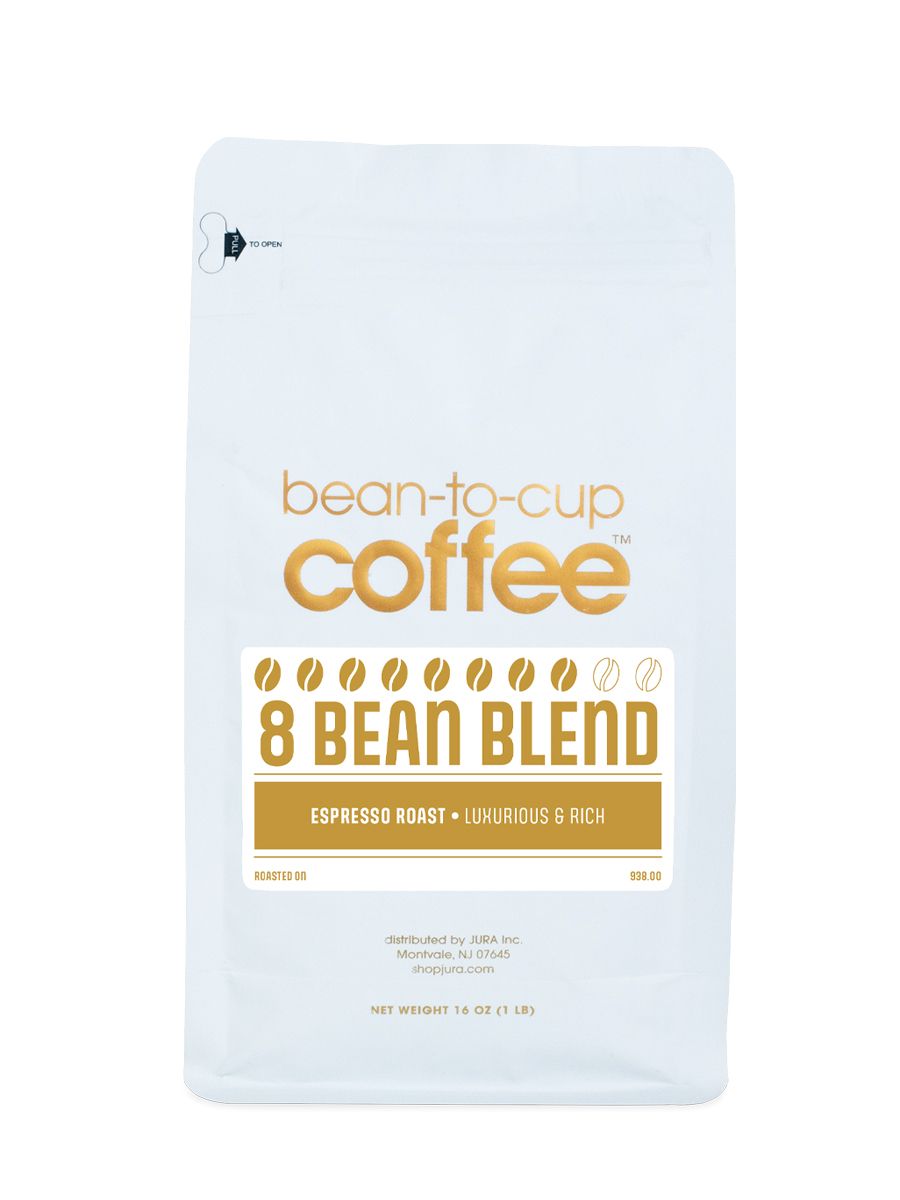 Front view of Bean-to-Cup 16 oz 8 Bean Blend coffee bag on white background