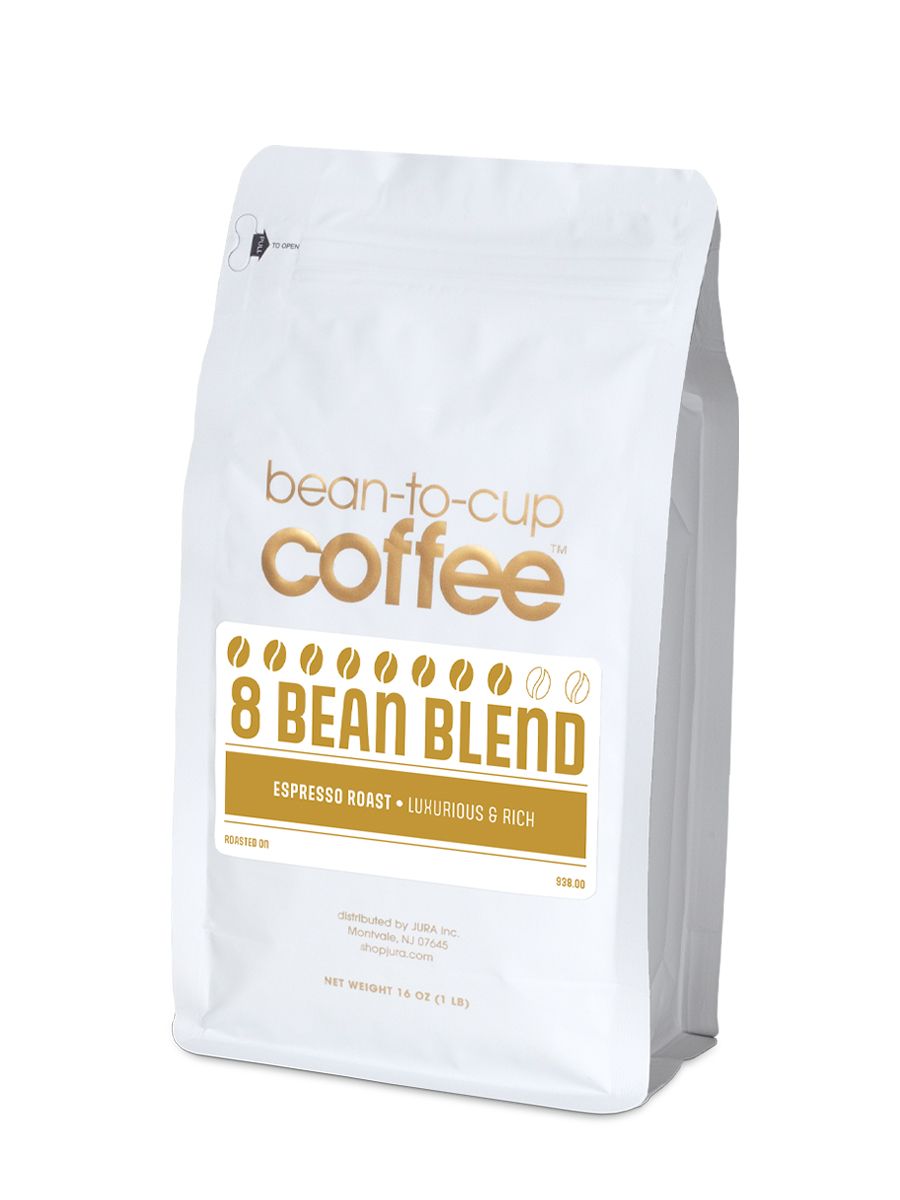 Side view of Bean-to-Cup 16 oz 8 Bean Blend coffee bag on white background