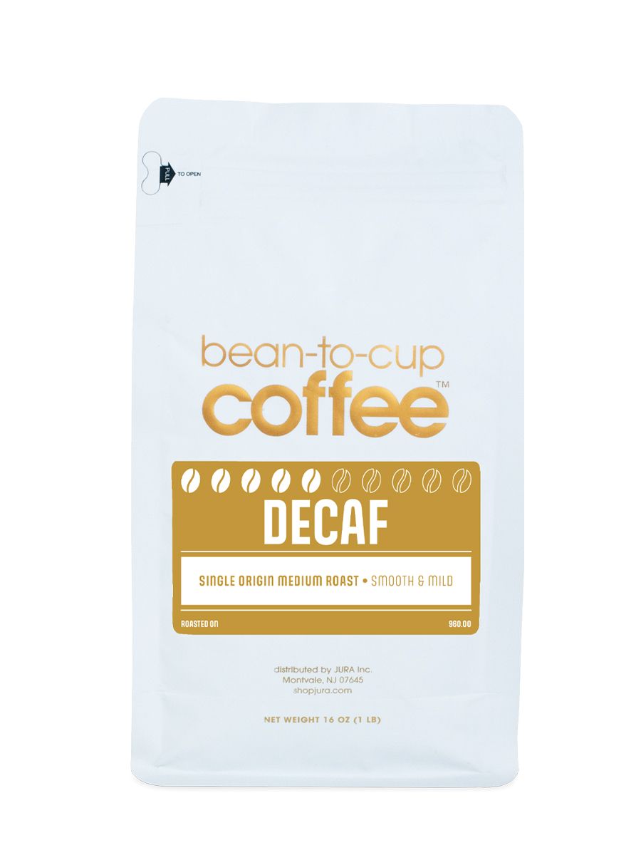 Front view of Bean-to-Cup 16 oz Decaf Blend coffee bag on white background