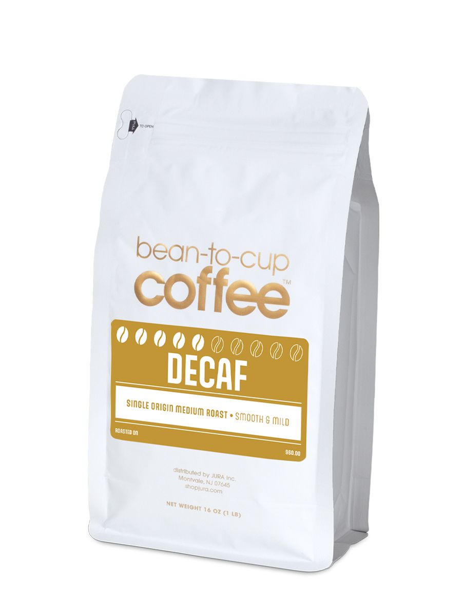 Side view of Bean-to-Cup 16 oz Decaf Blend coffee bag on white background