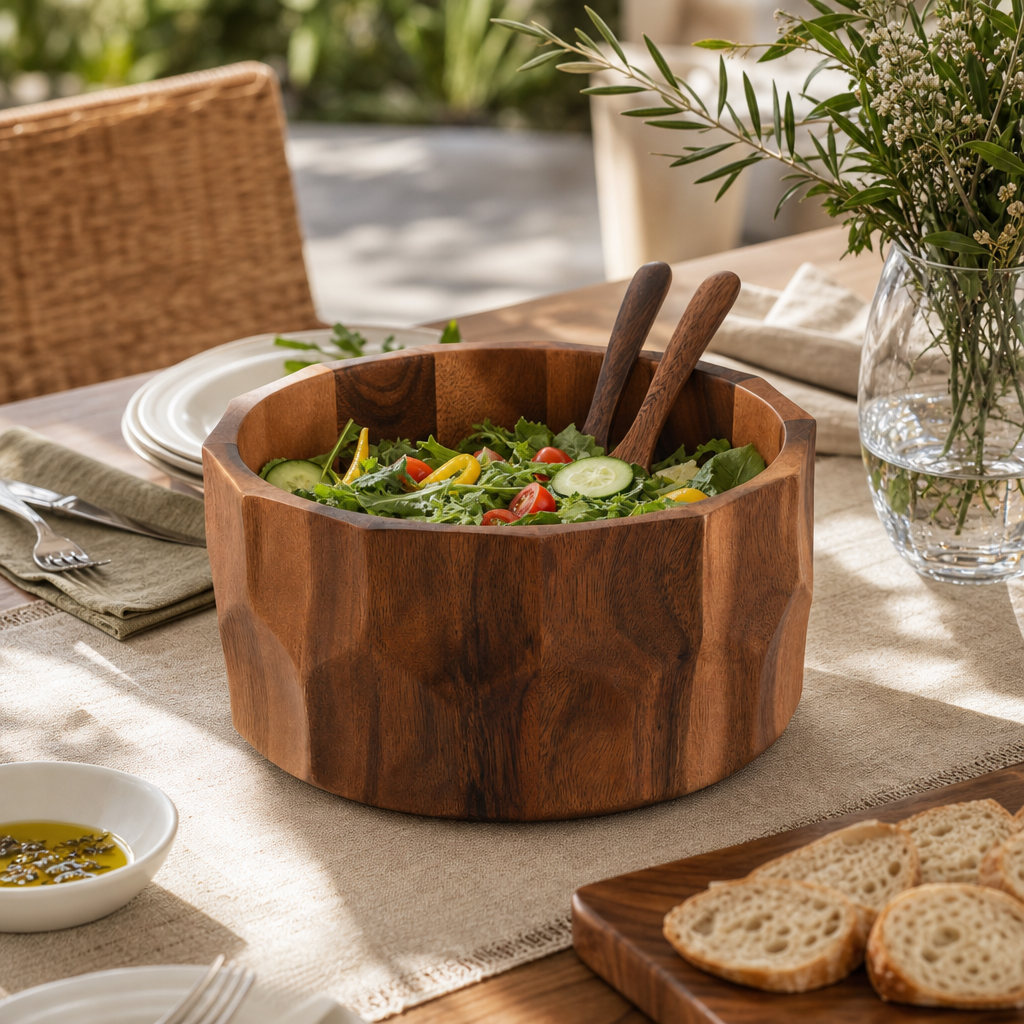 Diamond Pattern Large Acacia Wood Salad Bowl