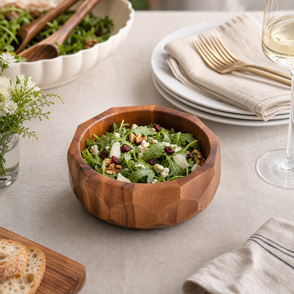 Diamond Pattern Single Acacia Wood Salad Bowl
