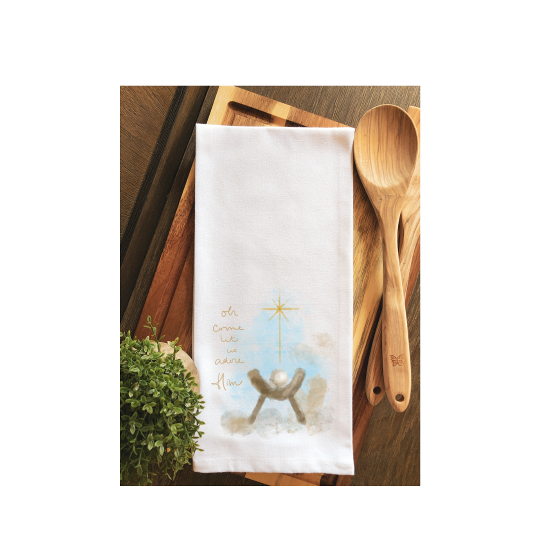 Come Let us Adore Him Christmas Manger Tea Towel-Hand Towel