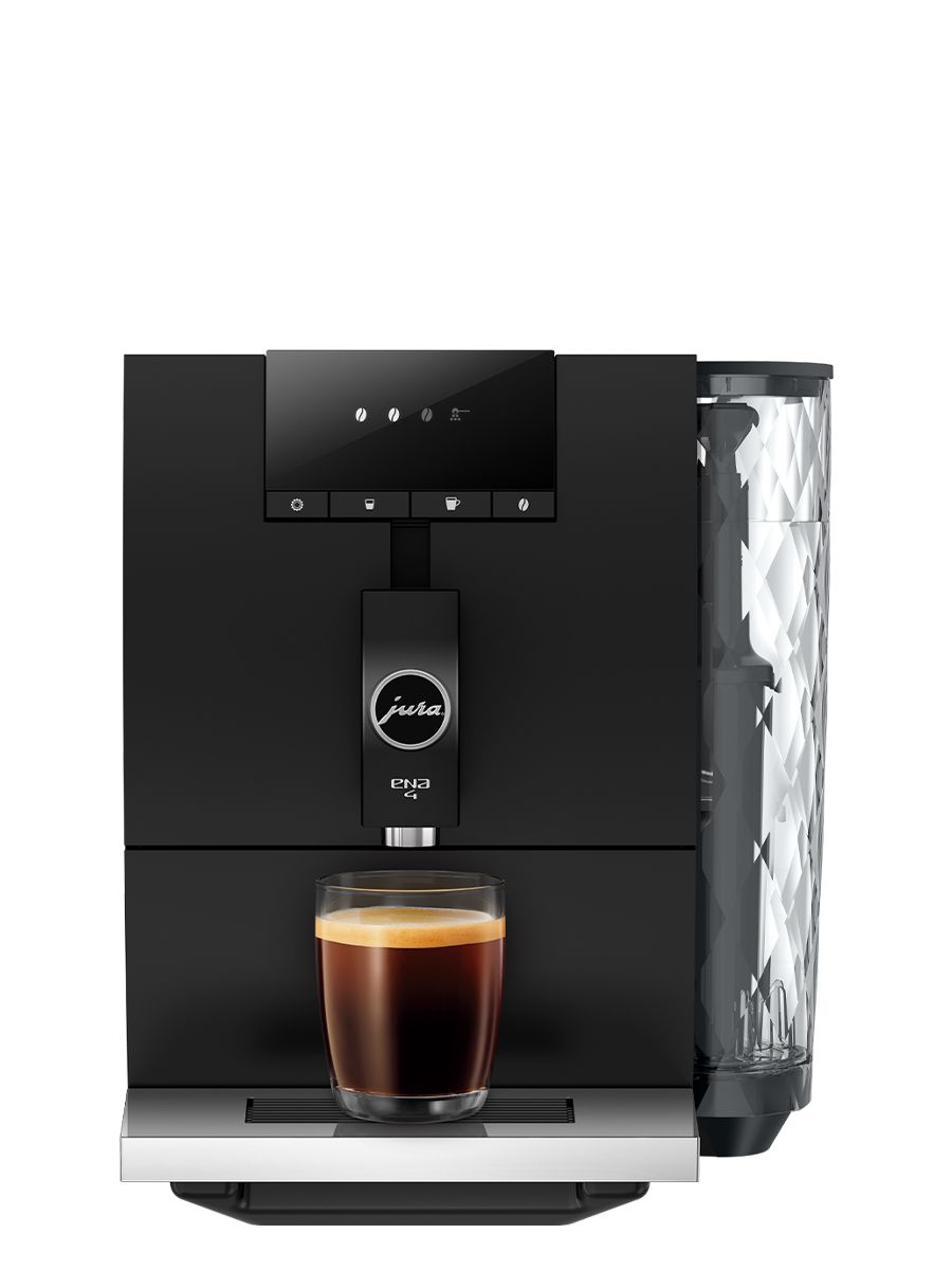 JURA ENA 4 Full Metropolitan Black coffee machine showing water tank and control panel with coffee on drip tray