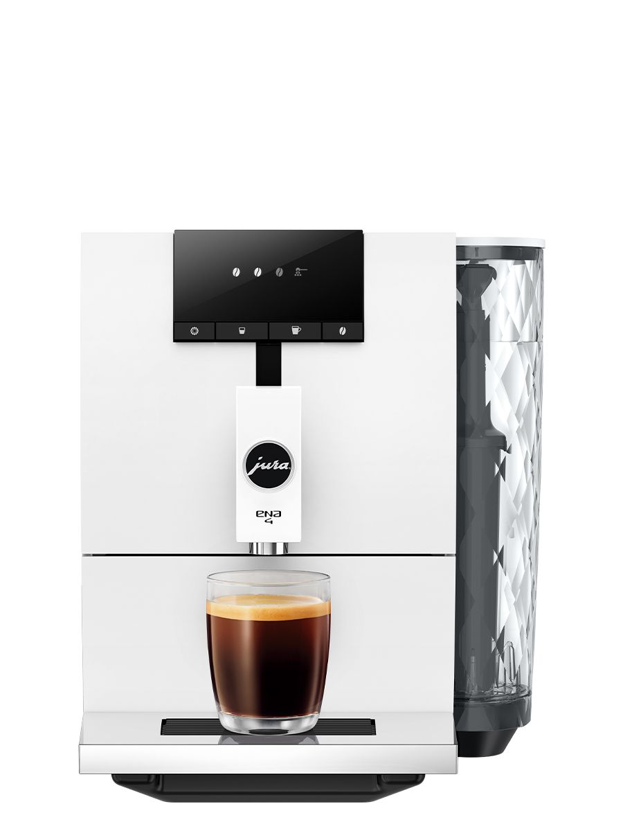 JURA ENA 4 Full Nordic White coffee machine showing water tank and control panel dispensing coffee