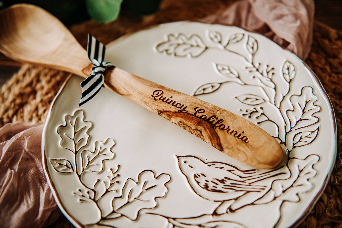 Custom City Name Olive Wood Serving Spoon & Towel Gift Set