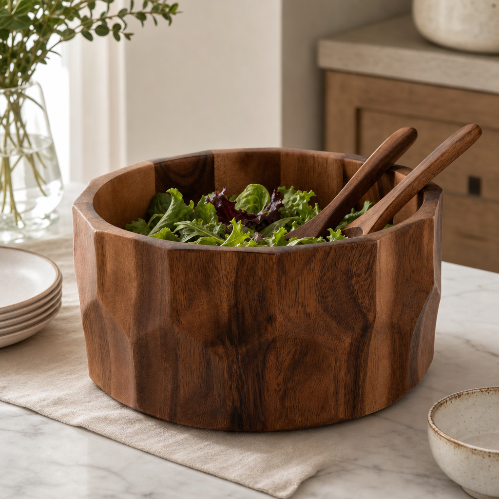 Diamond Pattern Large Acacia Wood Salad Bowl