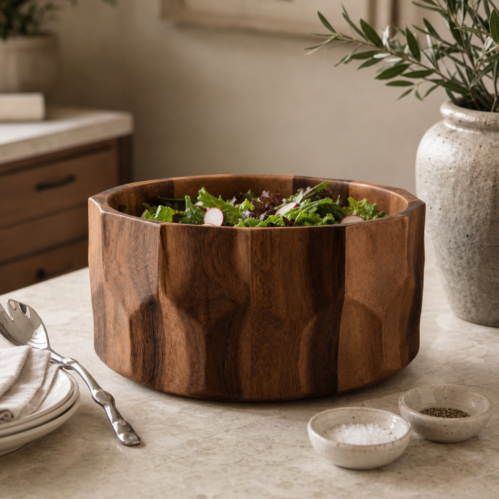 Diamond Pattern Large Acacia Wood Salad Bowl