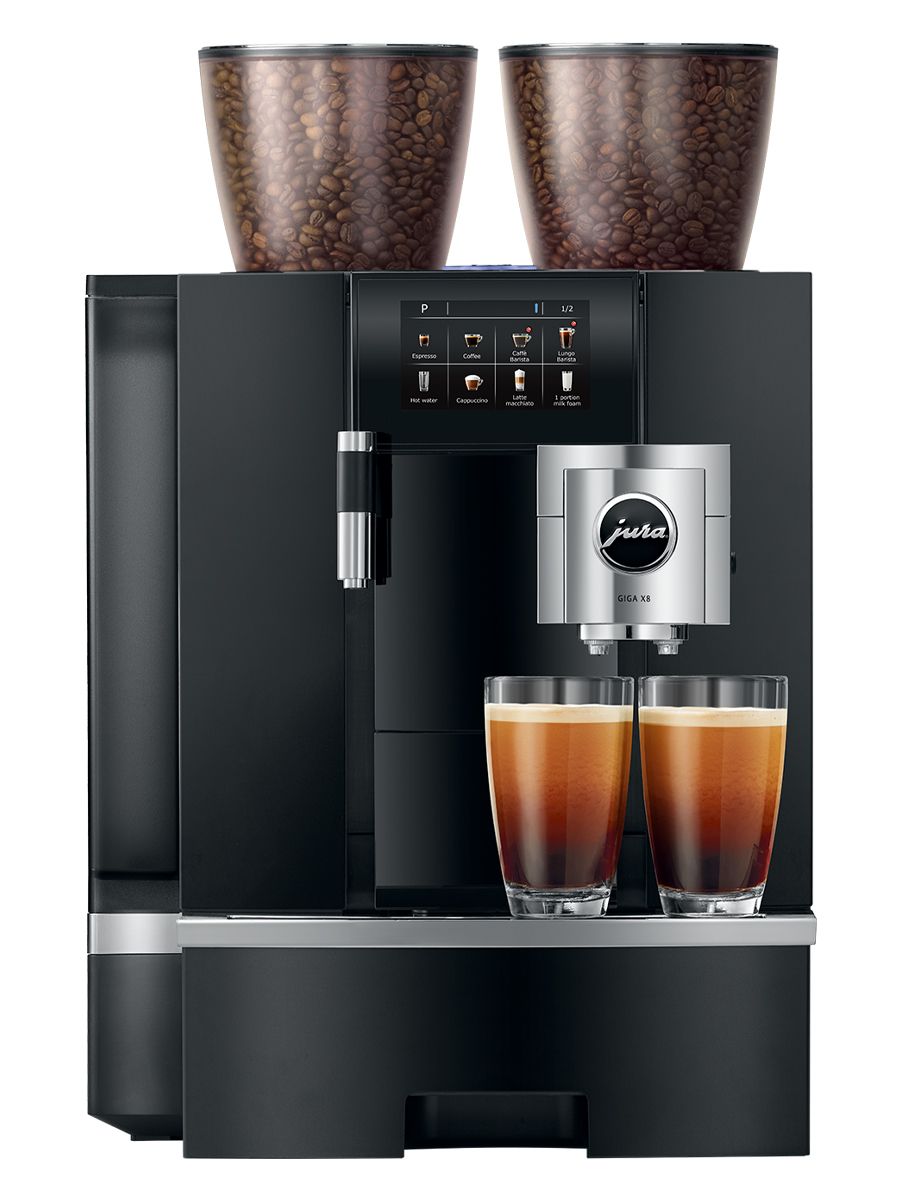 Front view of GIGA X8 including touchscreen, coffee spouts, drip tray, with a two coffees in a glass cups
