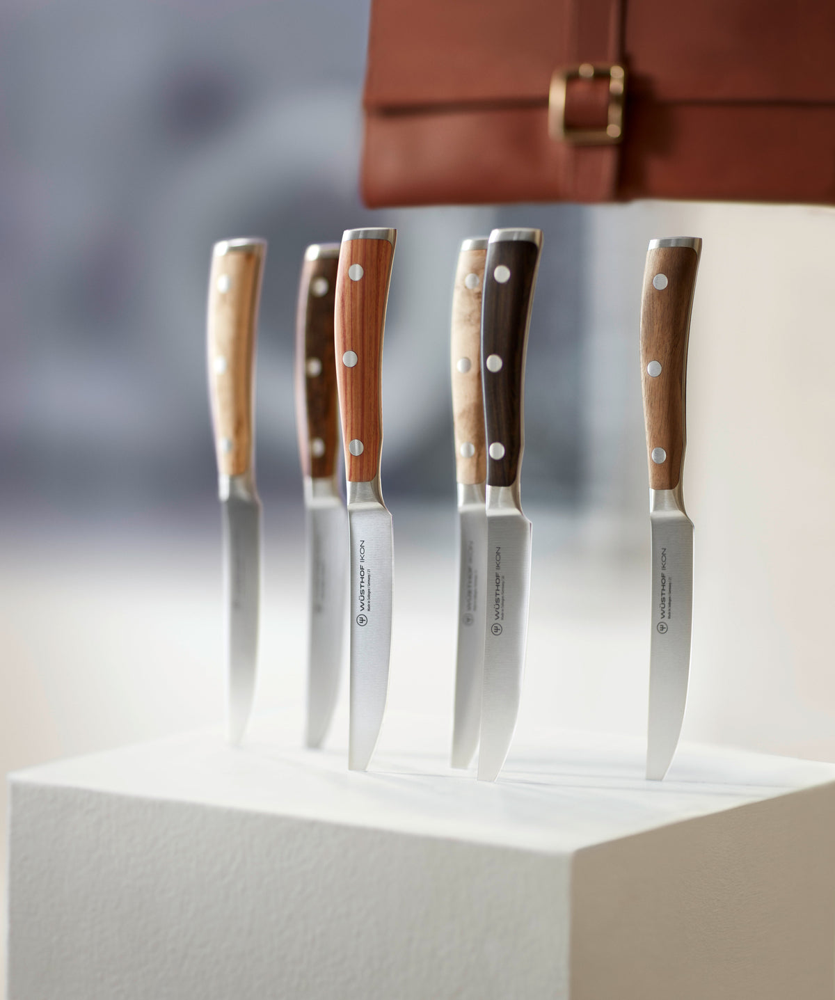 Wusthof Ikon 6-Piece Mixed Wood Steak Knife Set with Leather Knife Roll — Mixed Wood