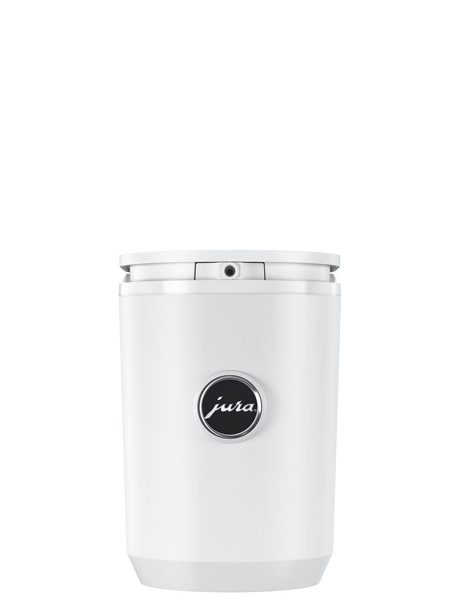 Front view of Cool Control White (.6L) with JURA logo on machine