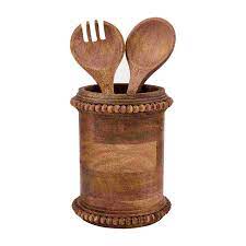 Mud Pie mango wood beaded utensil holder; utensils shown for styling