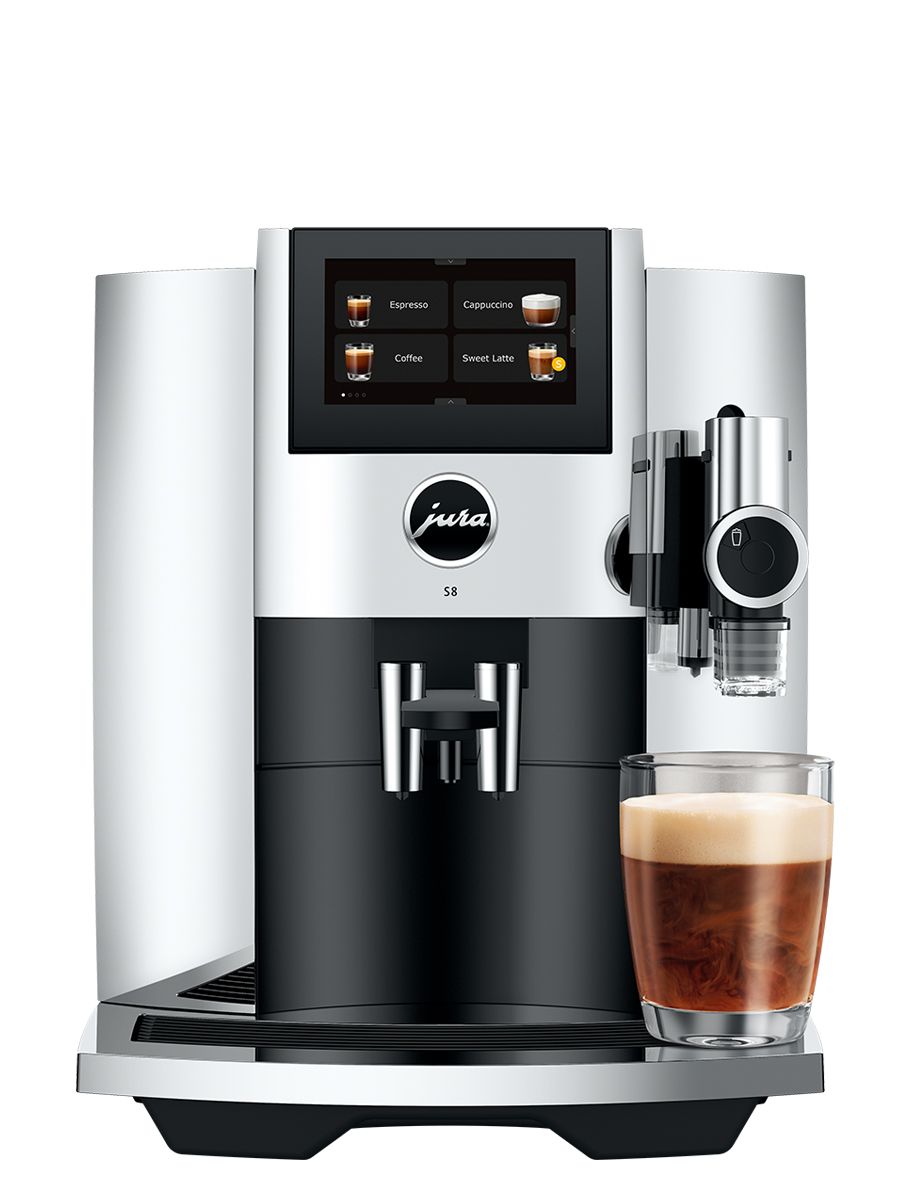 Front view of S8 Chrome including touchscreen display, coffee spouts, drip tray, with a sweet latte in a glass cup