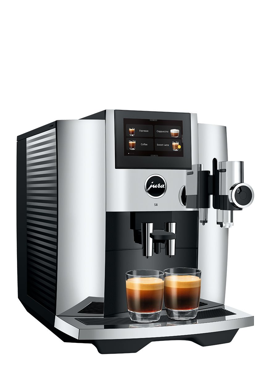 Left side view of the S8 Chrome featuring water tank, touchscreen, coffee sports, with two espressos brewed at once in glass cups