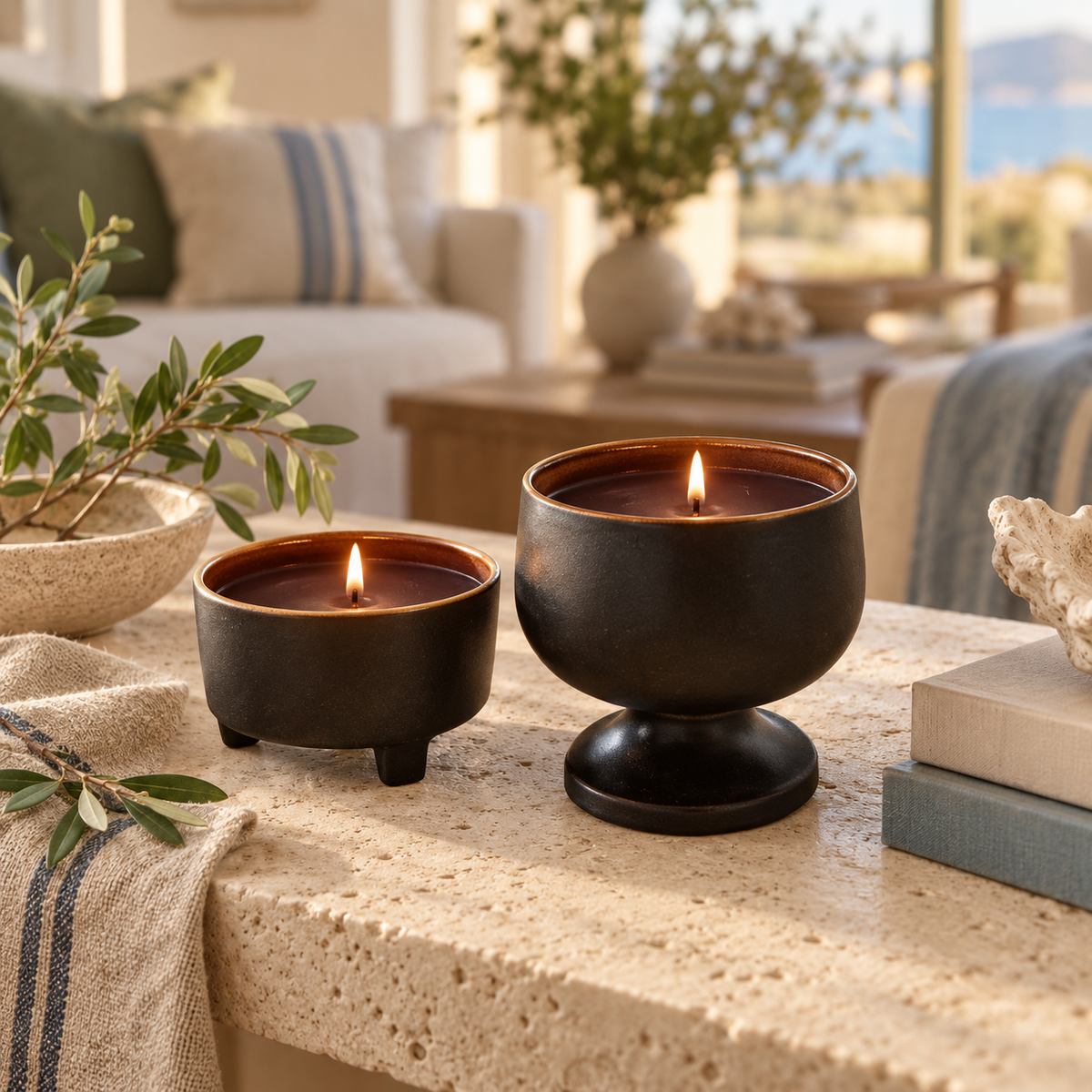 candles styled in a warm coastal home
