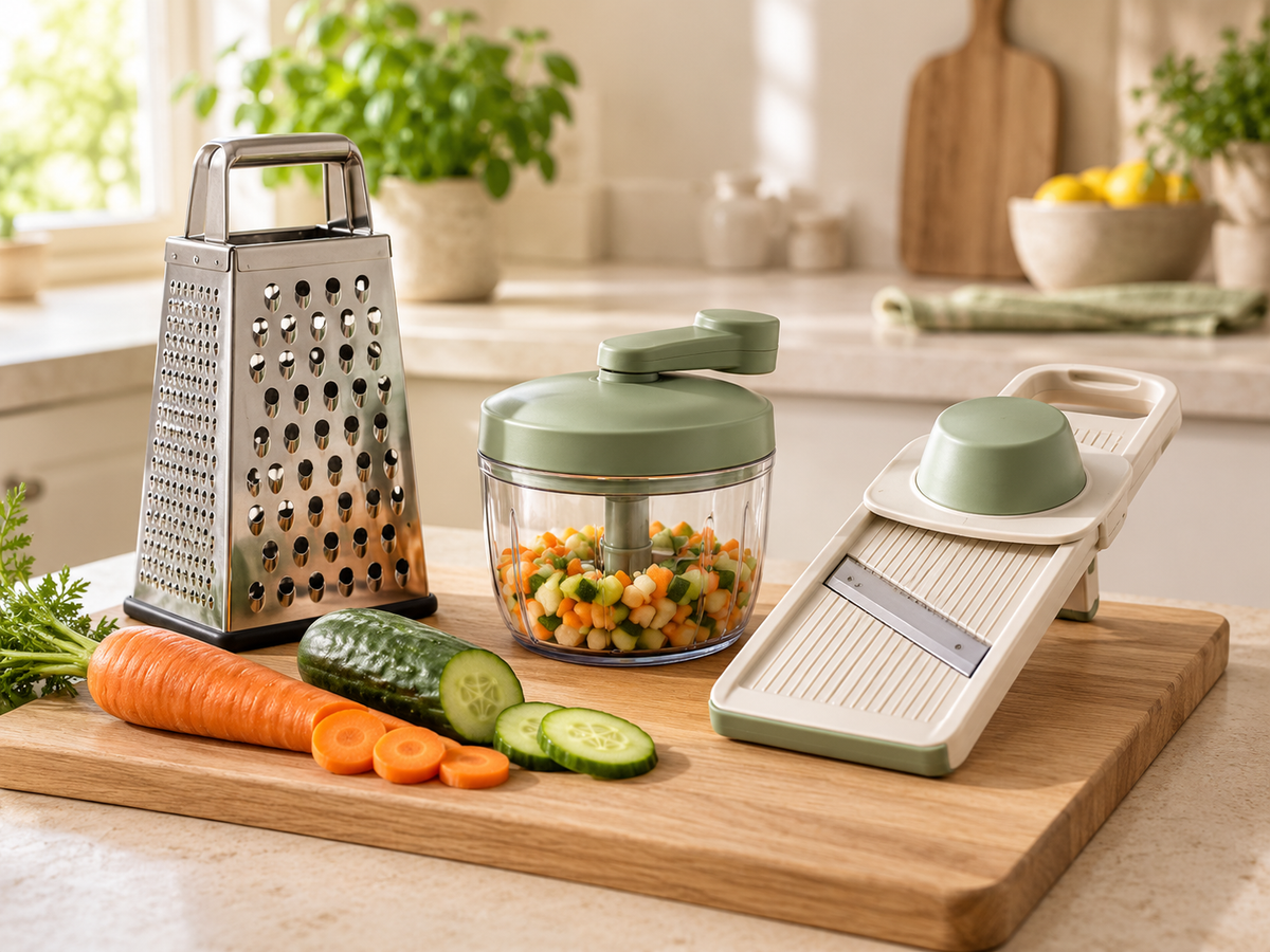 choppers graters slicers arranged in a warm, sunlit kitchen