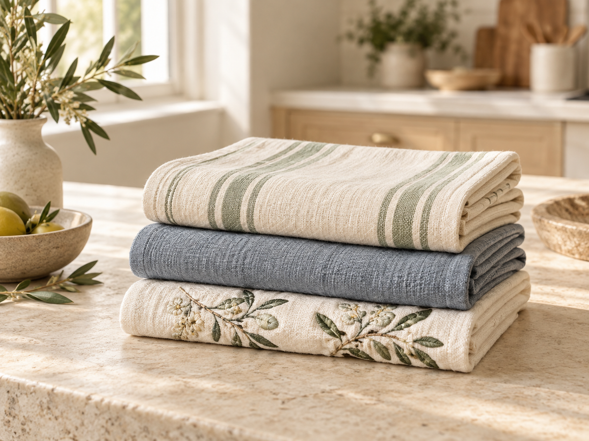 Kitchen & Tea Towels in a warm, naturally lit kitchen