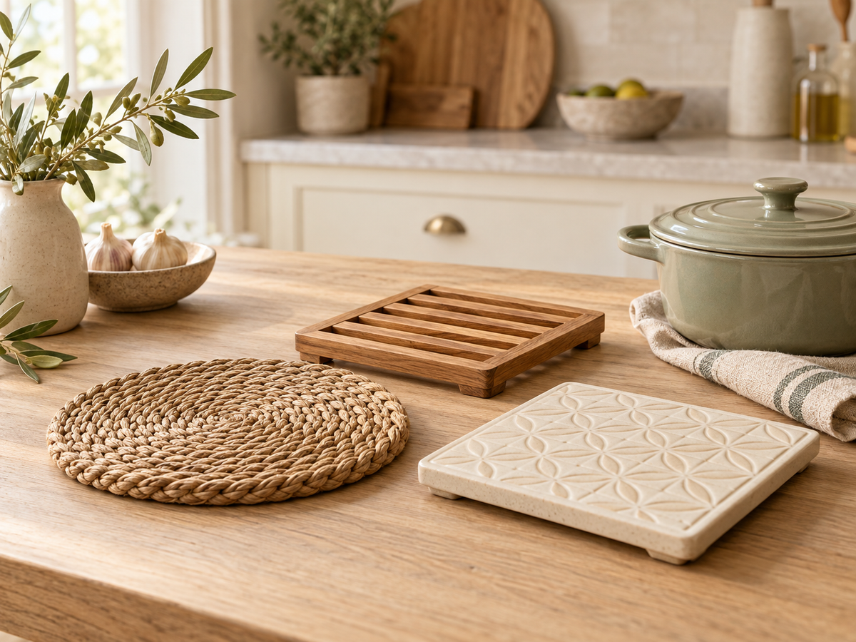 Trivets in a warm, naturally lit kitchen