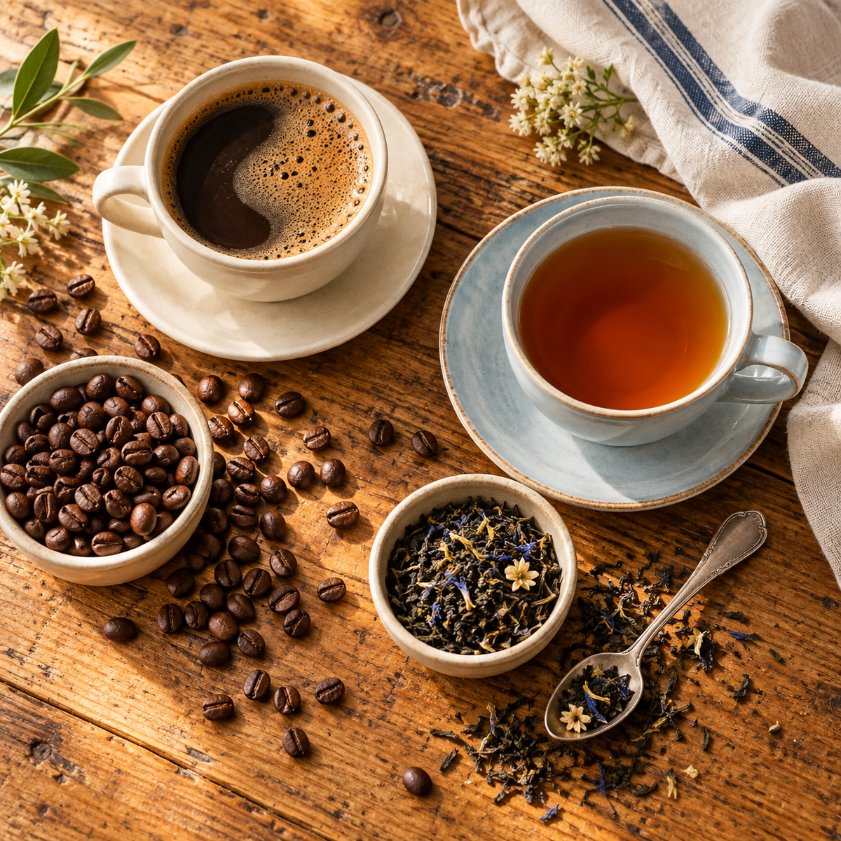 Coffee & Tea arranged on a rustic pine table