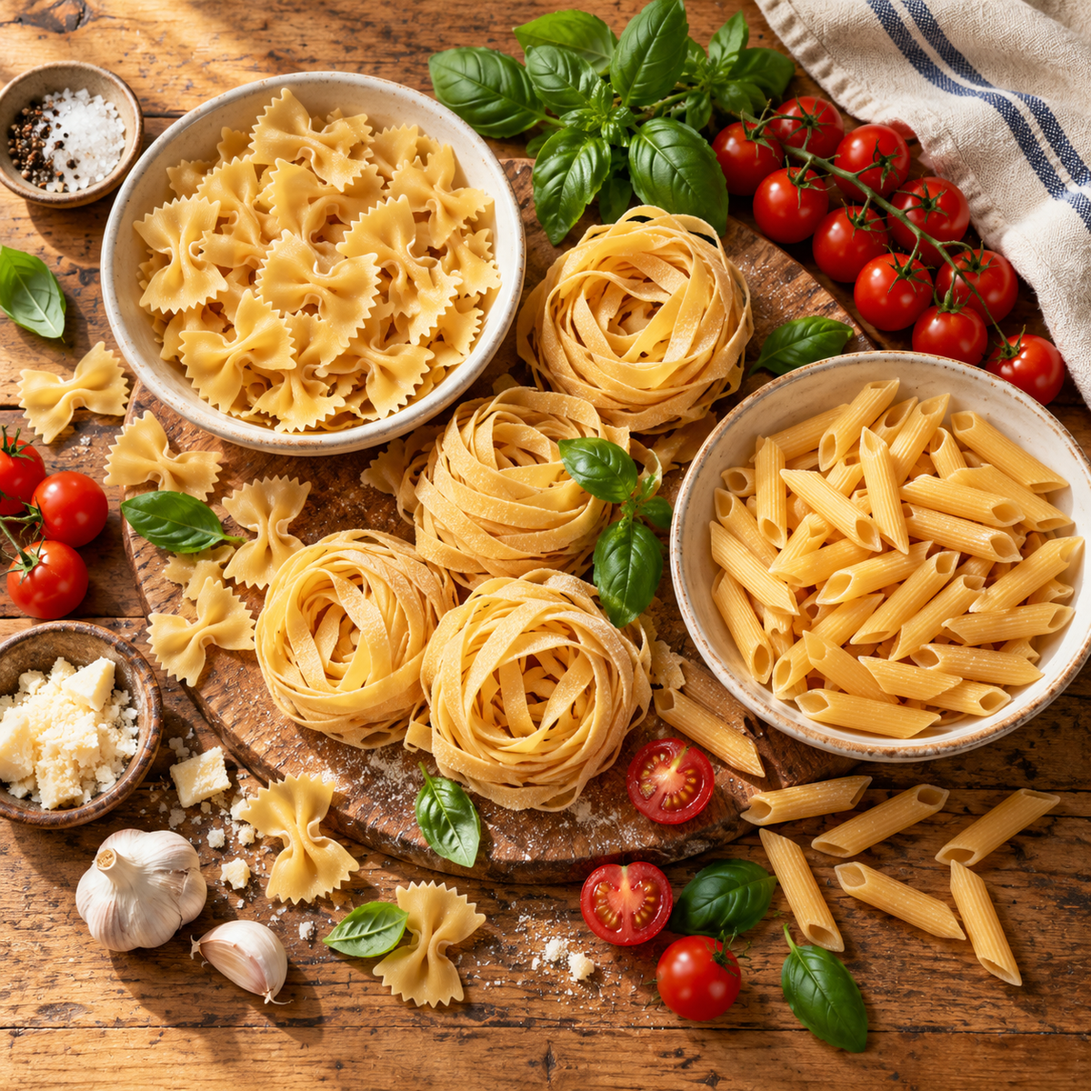 Pasta arranged on a rustic pine table