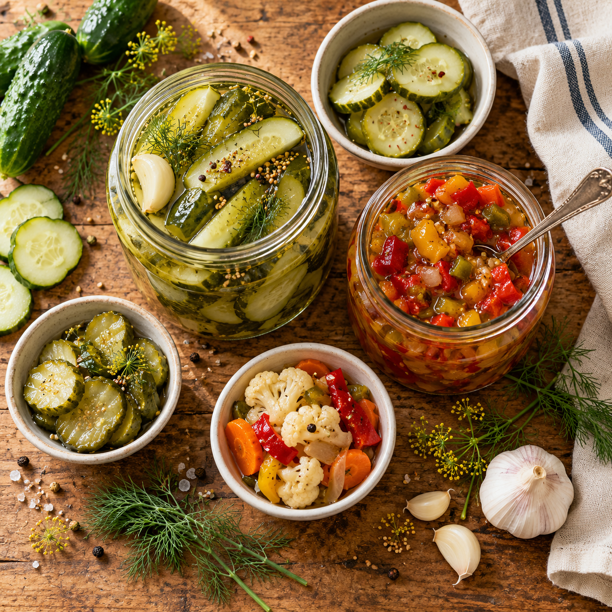 Pickles & Relishes arranged on a rustic pine table