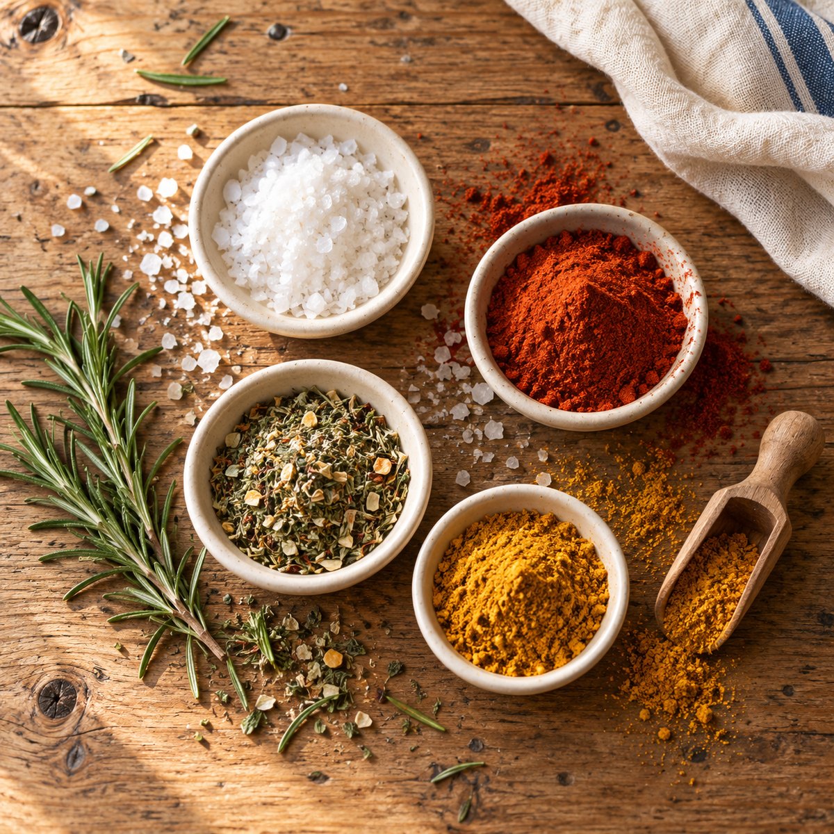 Salt, herbs and seasonings arranged on a rustic pine table