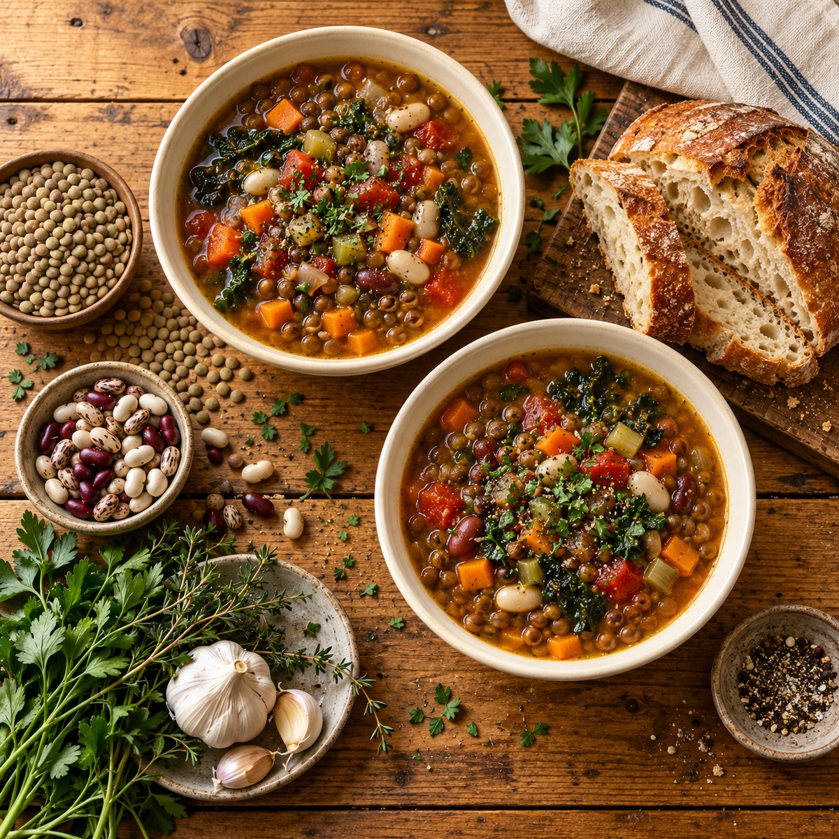 Soups & Meal Mixes arranged on a rustic pine table