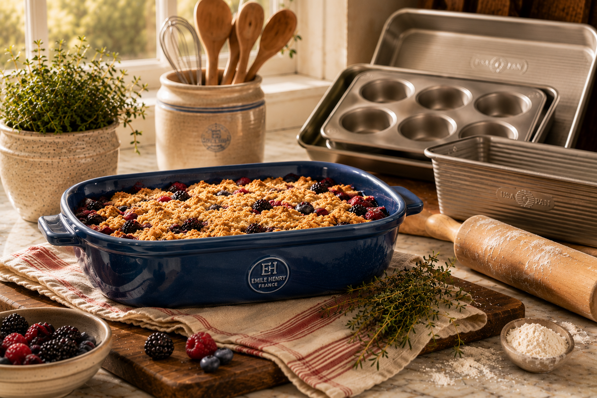 Blue Emile Henry ceramic baker with fresh berry crumble, USA Pan bakeware, rolling pin, fresh herbs, and warm natural sunlight on a marble kitchen island in a luxury kitchen.