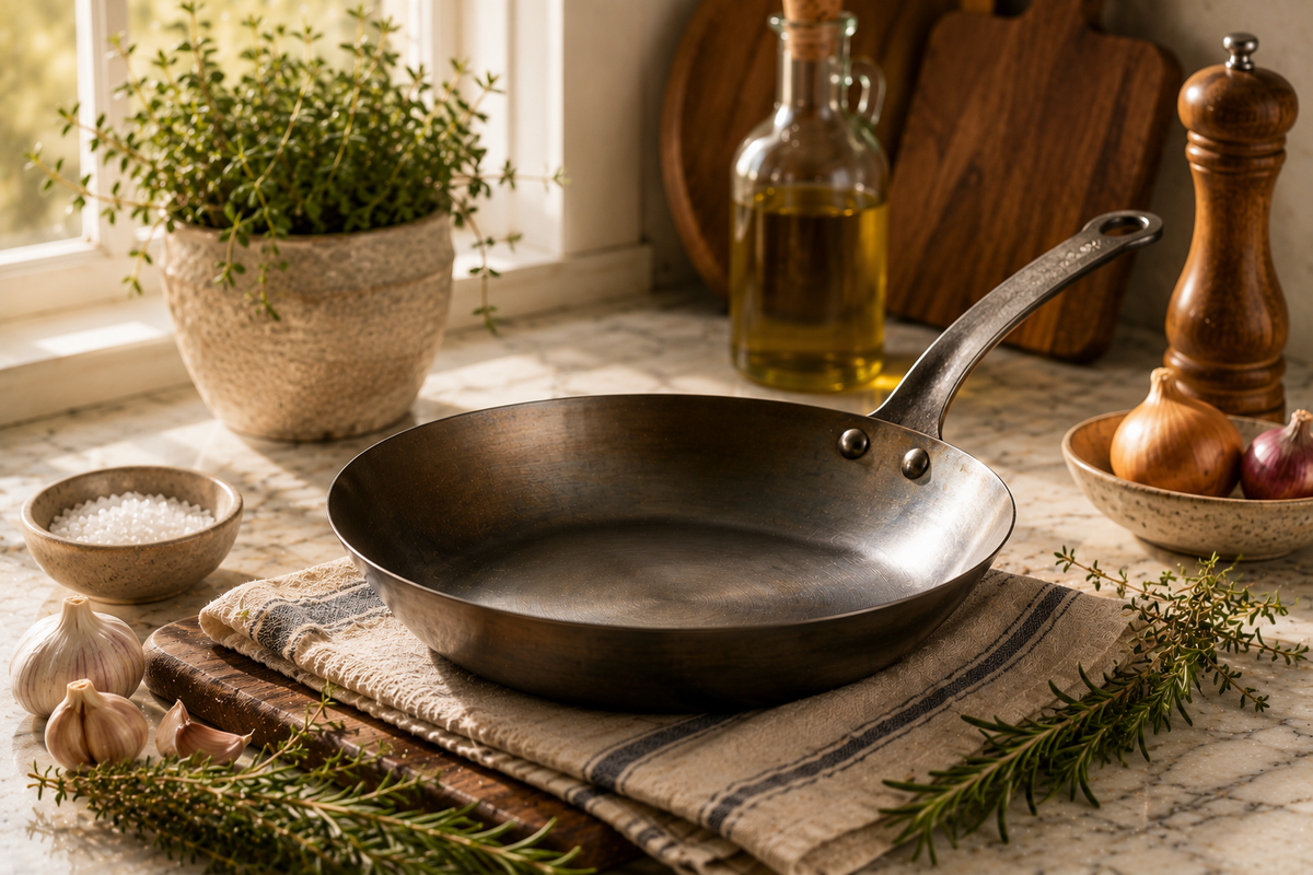 Professional carbon steel skillet styled on a marble kitchen island with fresh herbs, garlic, olive oil, linen towels, and warm natural sunlight in a luxury kitchen.