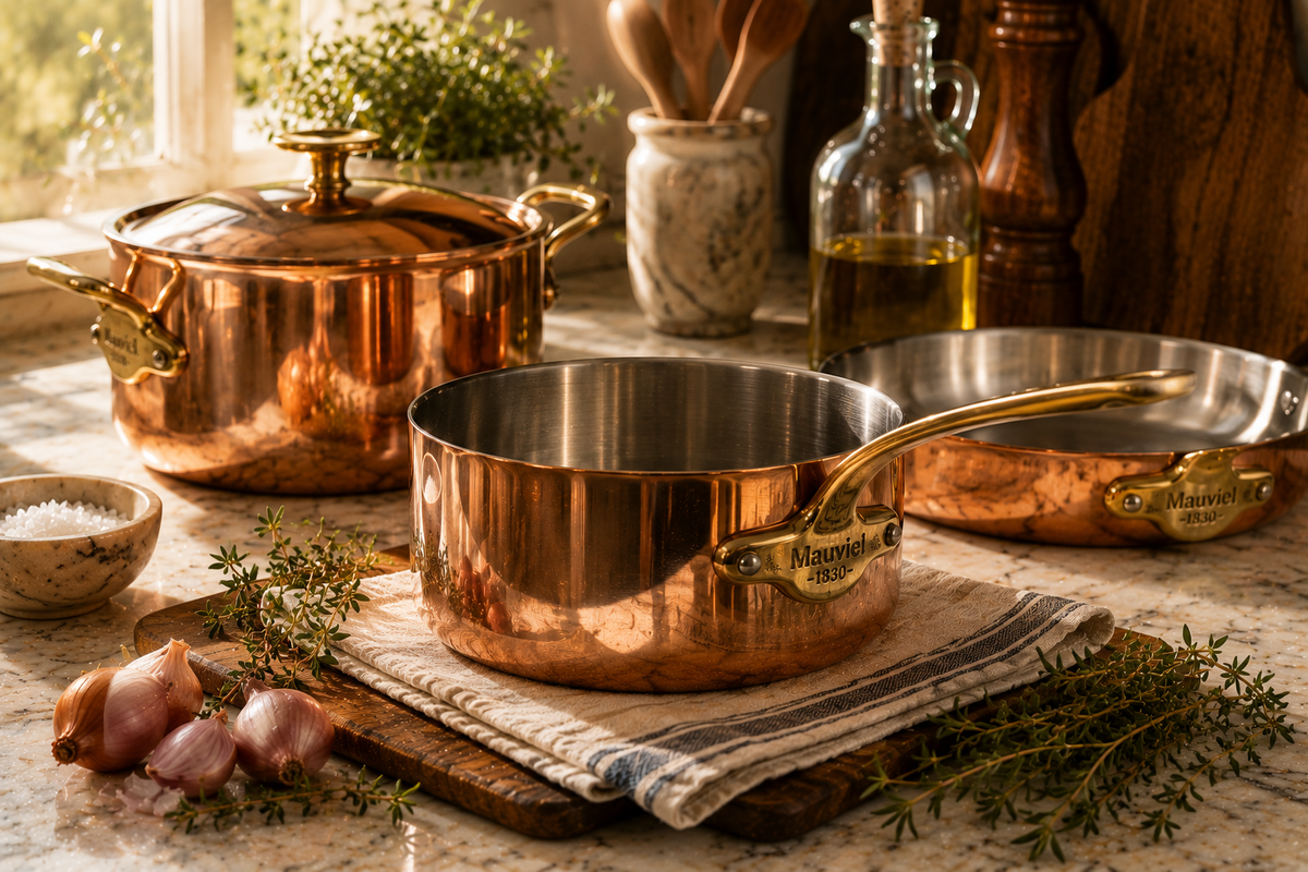 Premium copper cookware styled on a marble kitchen island with fresh thyme, shallots, walnut cutting boards, linen towels, and warm natural sunlight in a French-inspired kitchen.