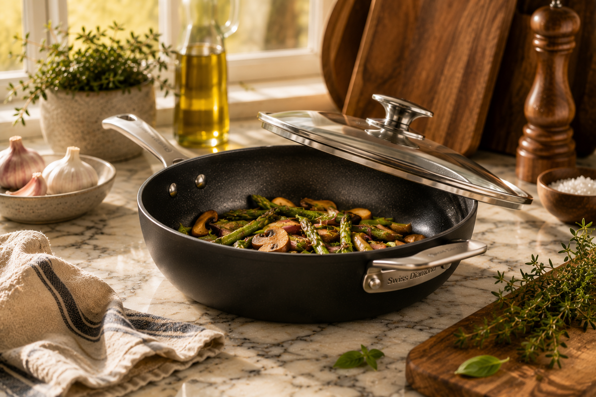 Premium nonstick sauté pan with fresh vegetables on a marble kitchen island, styled with herbs, garlic, olive oil, linen towels, and warm natural sunlight in a luxury kitchen.