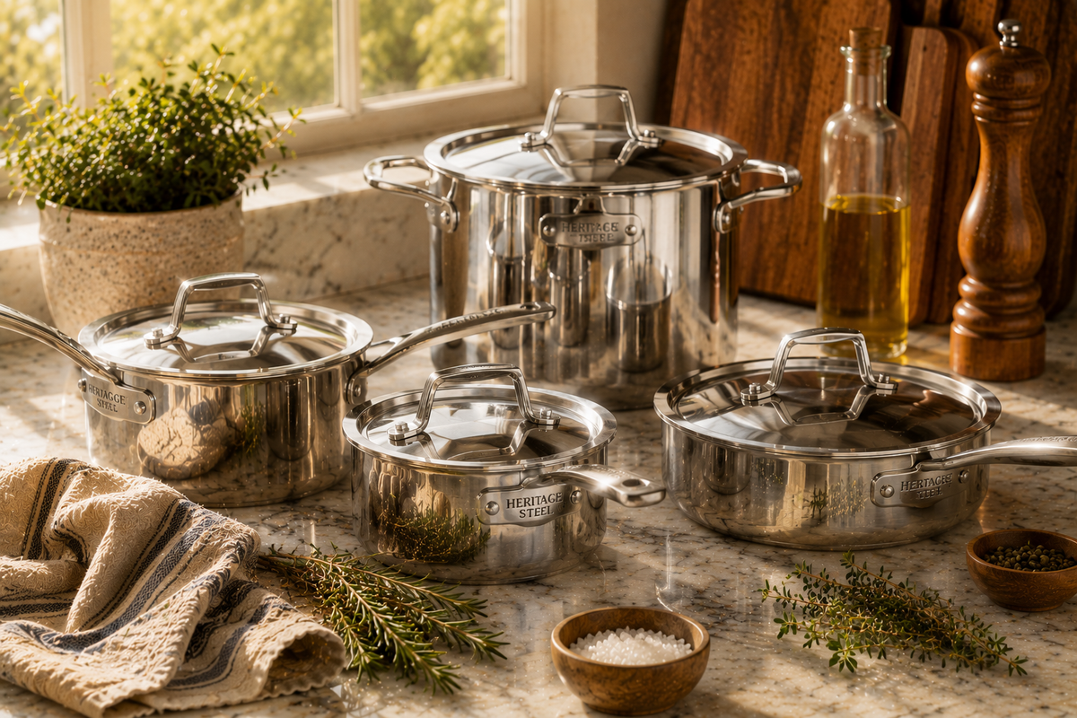 Premium stainless steel saucepans and stockpots arranged on a marble kitchen island with fresh herbs, olive oil, linen towels, and warm natural sunlight in a luxury kitchen.