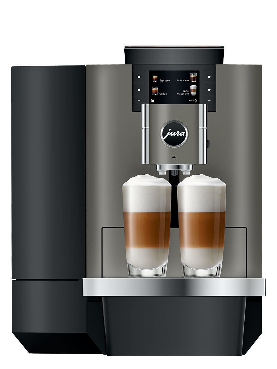 Front view of X10 Dark Inox including color display, coffee spouts, drip tray, with a two Latte Macchiatos in a glass cup