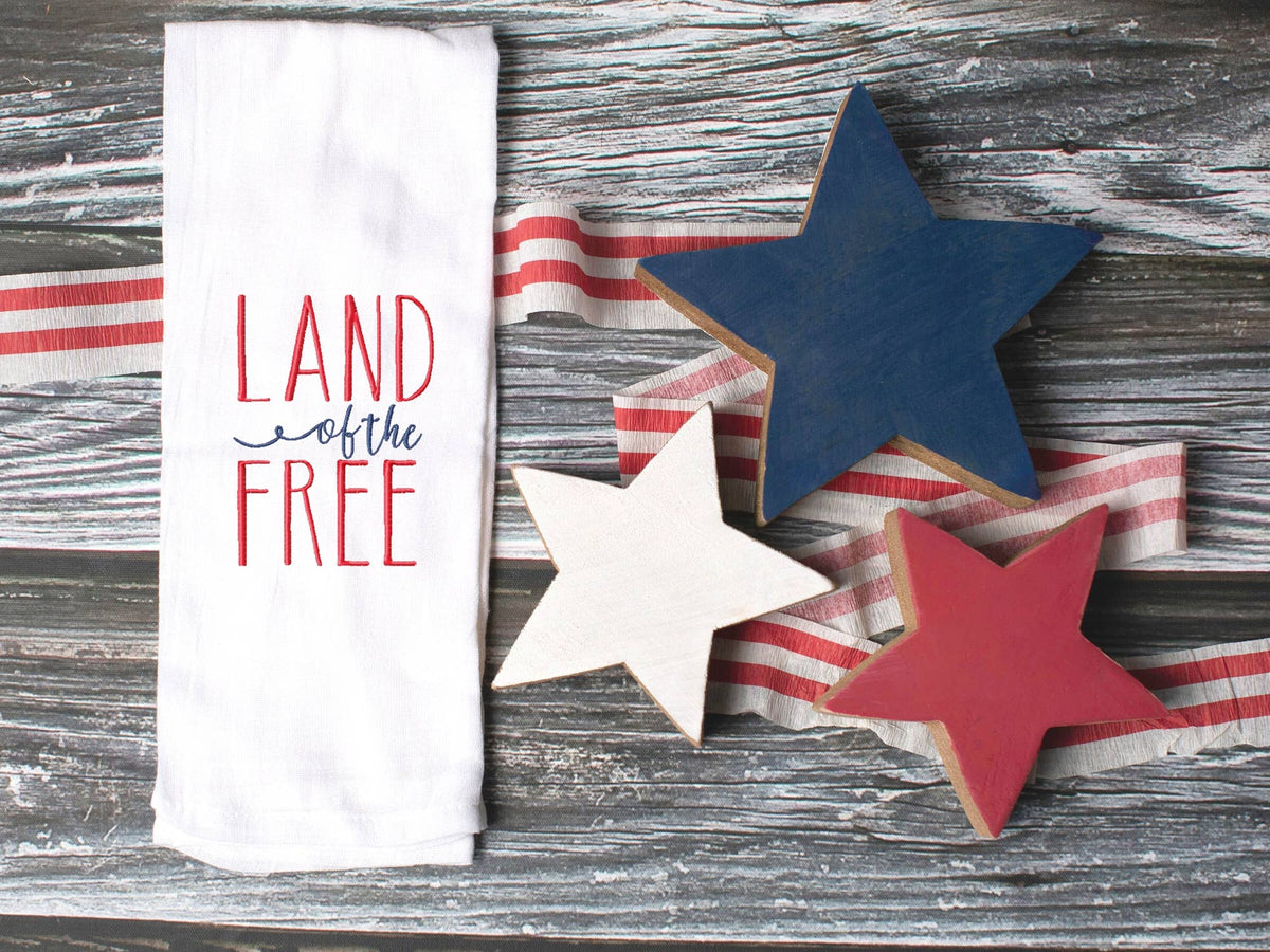 Embroidered Tea Towel Land of the Free Home Decor
