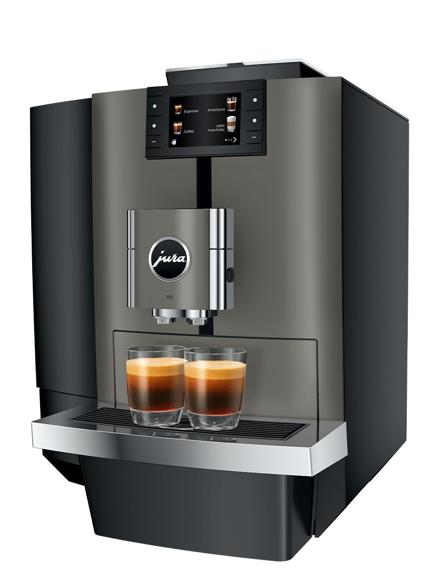 Right side view of the X10 Dark inox featuring color display, coffee sports, with two espressos brewed at once in glass cups