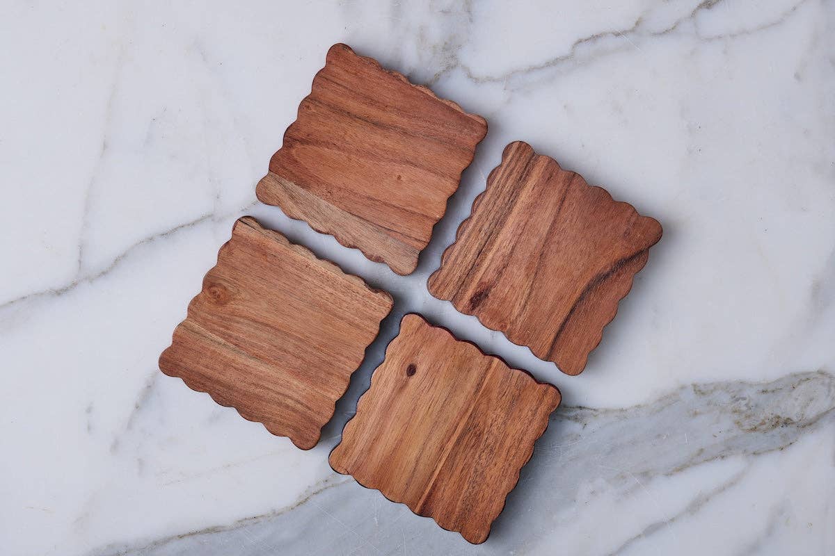 Scalloped Wood Coasters, Square, Natural, Set of 4