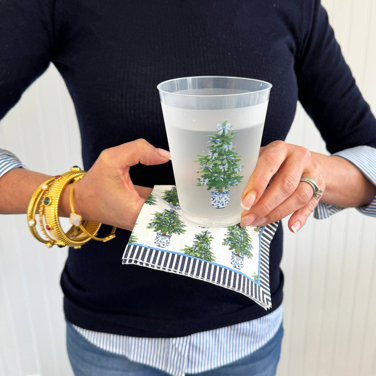 In Stock WH Paper Cocktail Napkins Blue Bows Christmas Trees