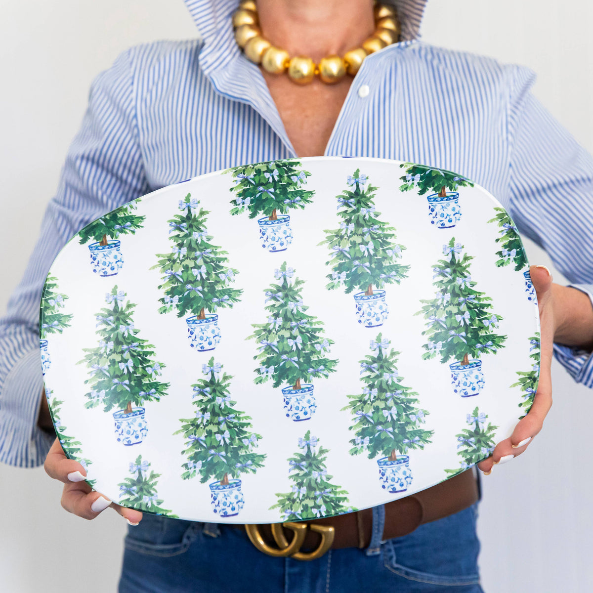QUICK SHIP! WH Serving Platter | Blue Bows Christmas Trees