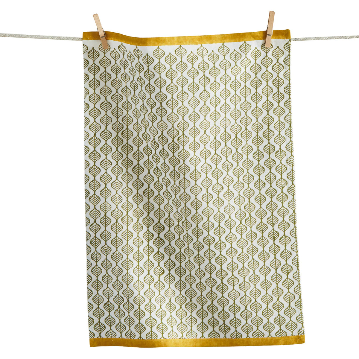 Leaf Block Print Dishtowel Green Multi Cotton Everyday