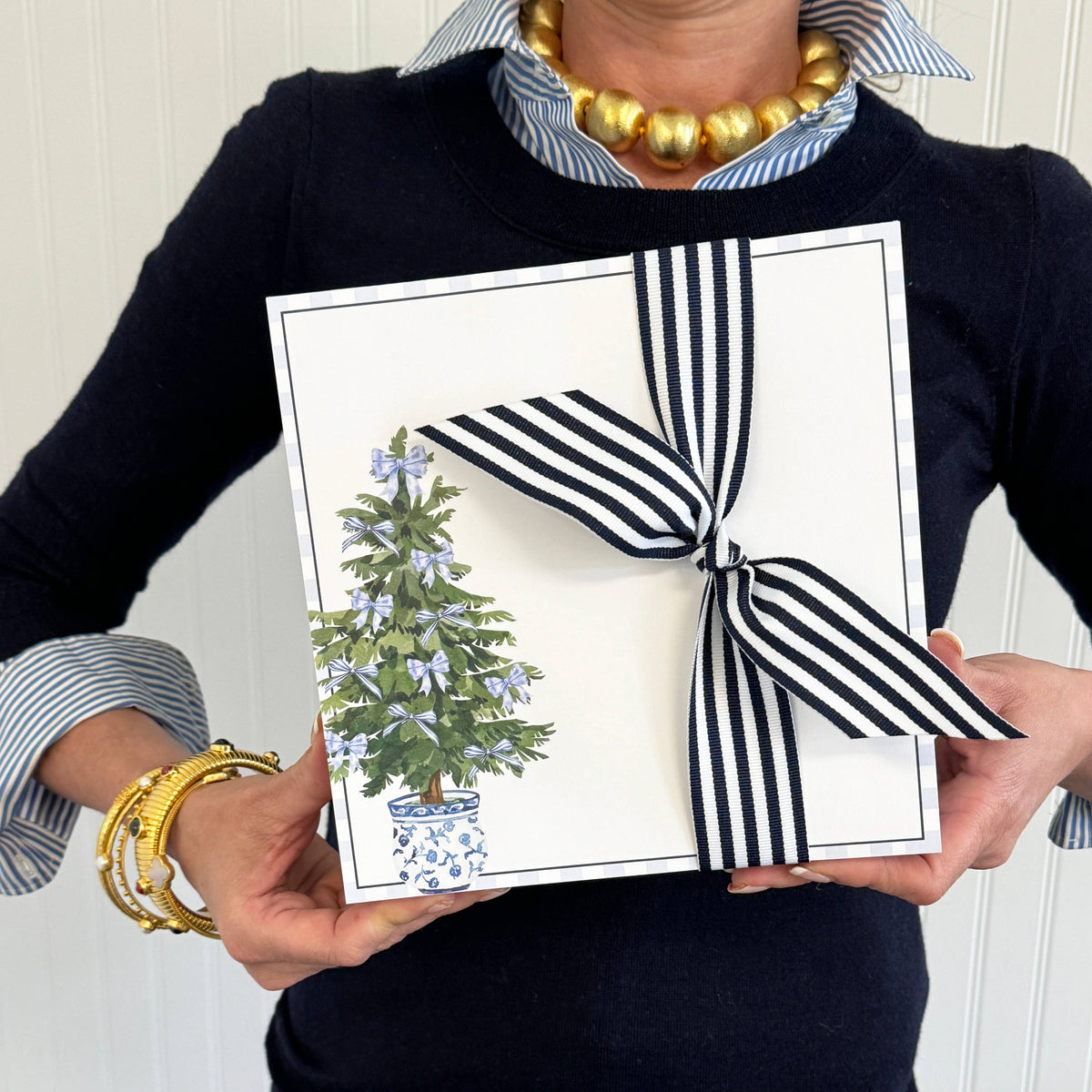 In Stock 8.5x8.5 Blue Bows Christmas Tree Slab Notepad