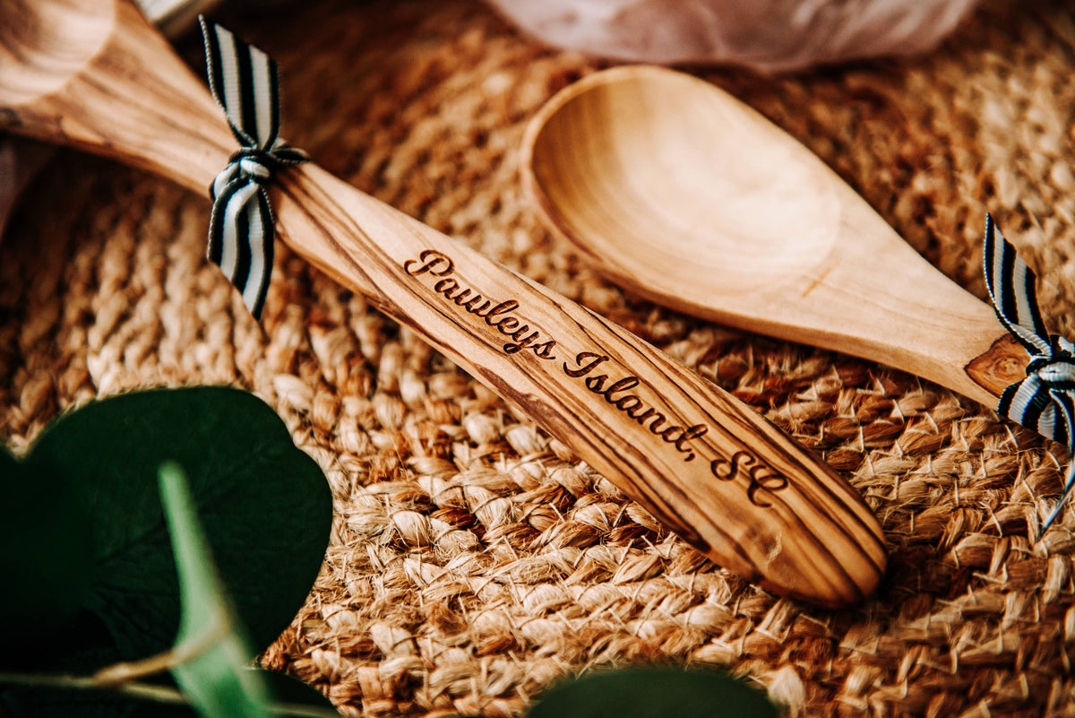 Custom City Name Olive Wood Serving Spoon & Towel Gift Set