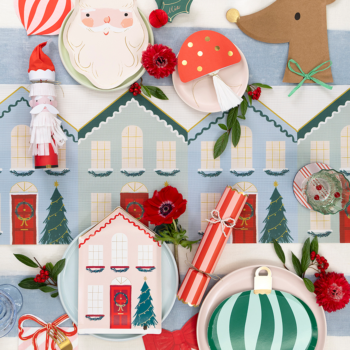 Festive Houses Table Runners - Blue & Green