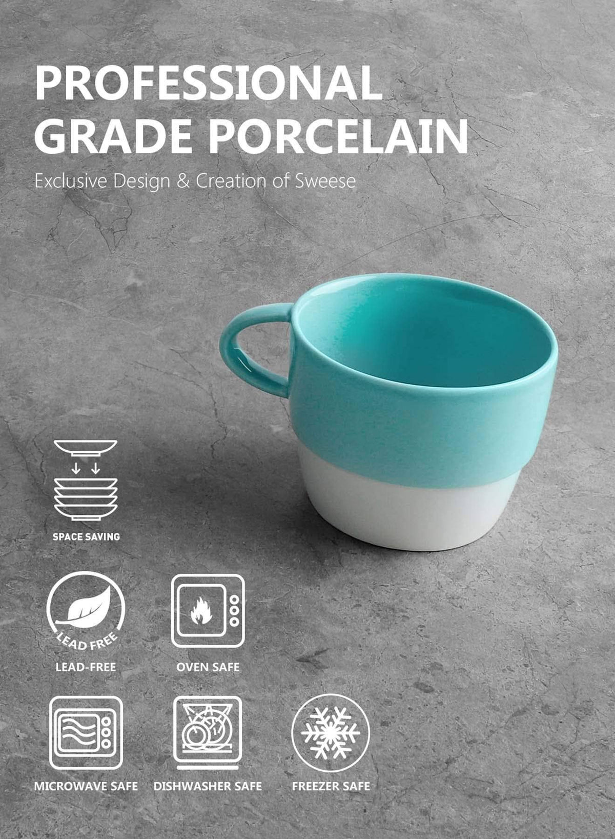 10 Ounce Porcelain Stackable Coffee Cups, Set of 6