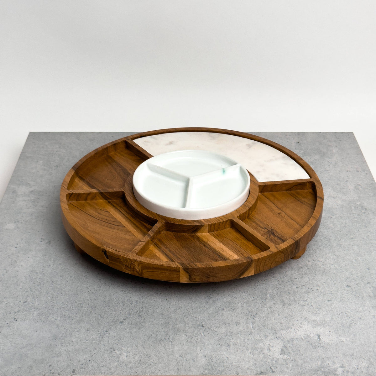 Sectioned serving tray with Wood, Ceramic, & Marble