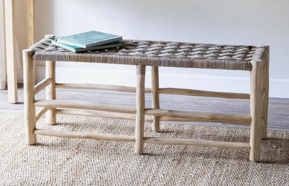 Teak & Rattan Woven Bench