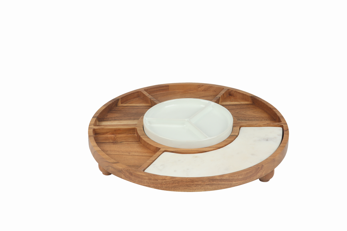 Sectioned serving tray with Wood, Ceramic, & Marble